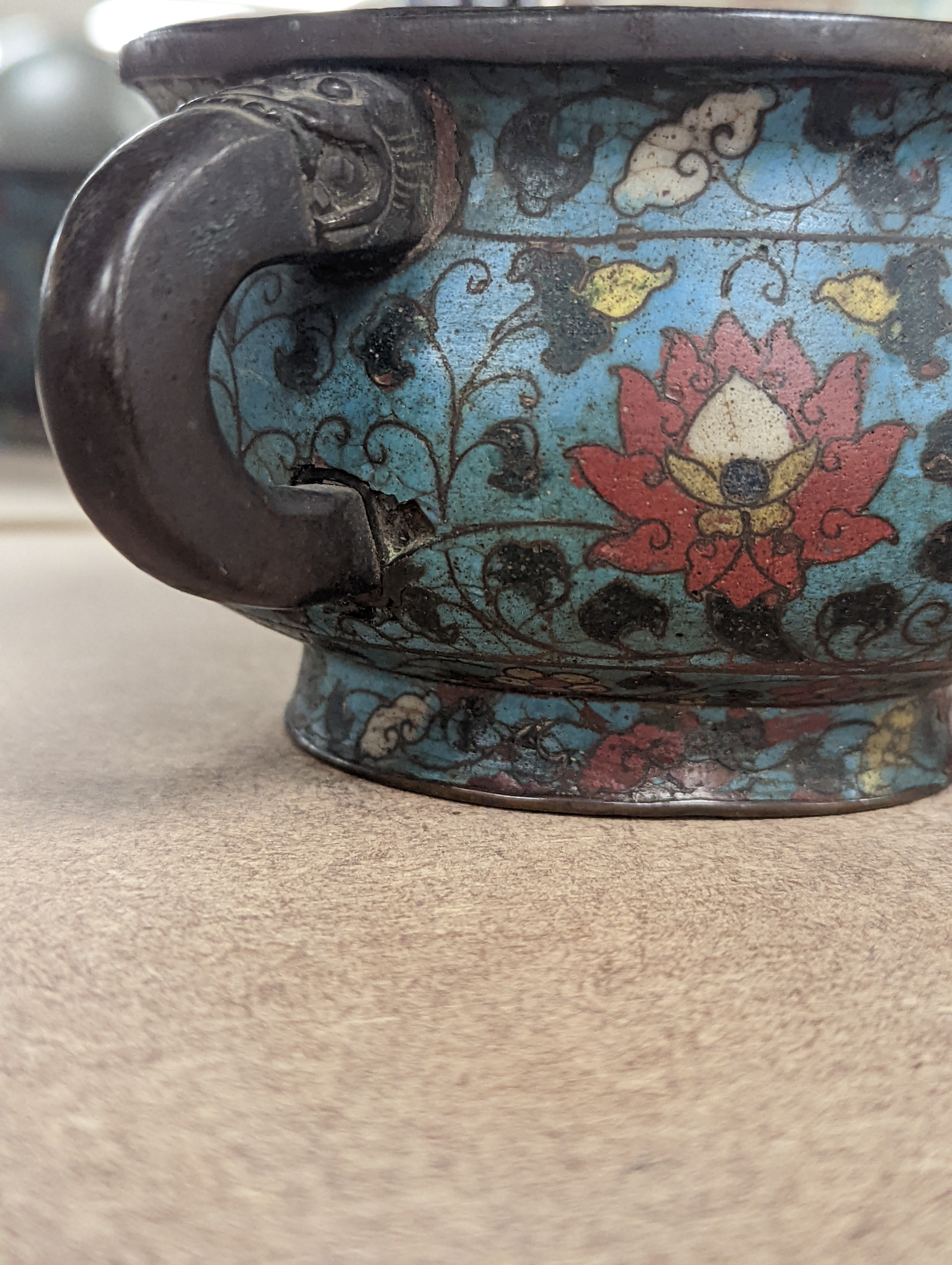 A Chinese late Ming dynasty bronze and cloisonné enamel ding censer 18cm